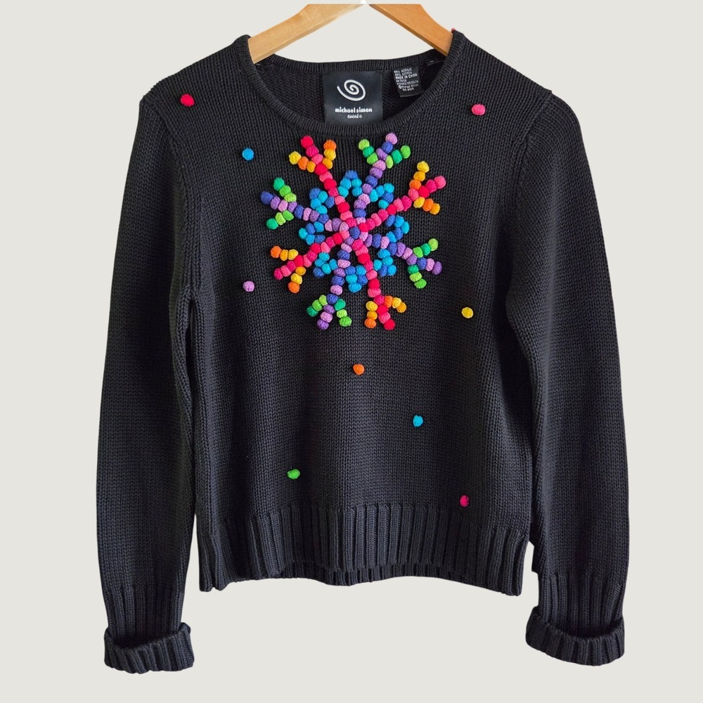 Michael Simon‎ Event Black Rainbow Pom Pom Snowflake Sweater Womens Medium 2004